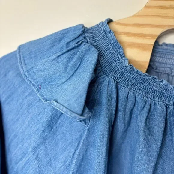 Old Navy Blouse Women's 4X Puff Sleeve Jean Ruffle Trimmed Poet Chambray Peasant - Picture 8 of 10